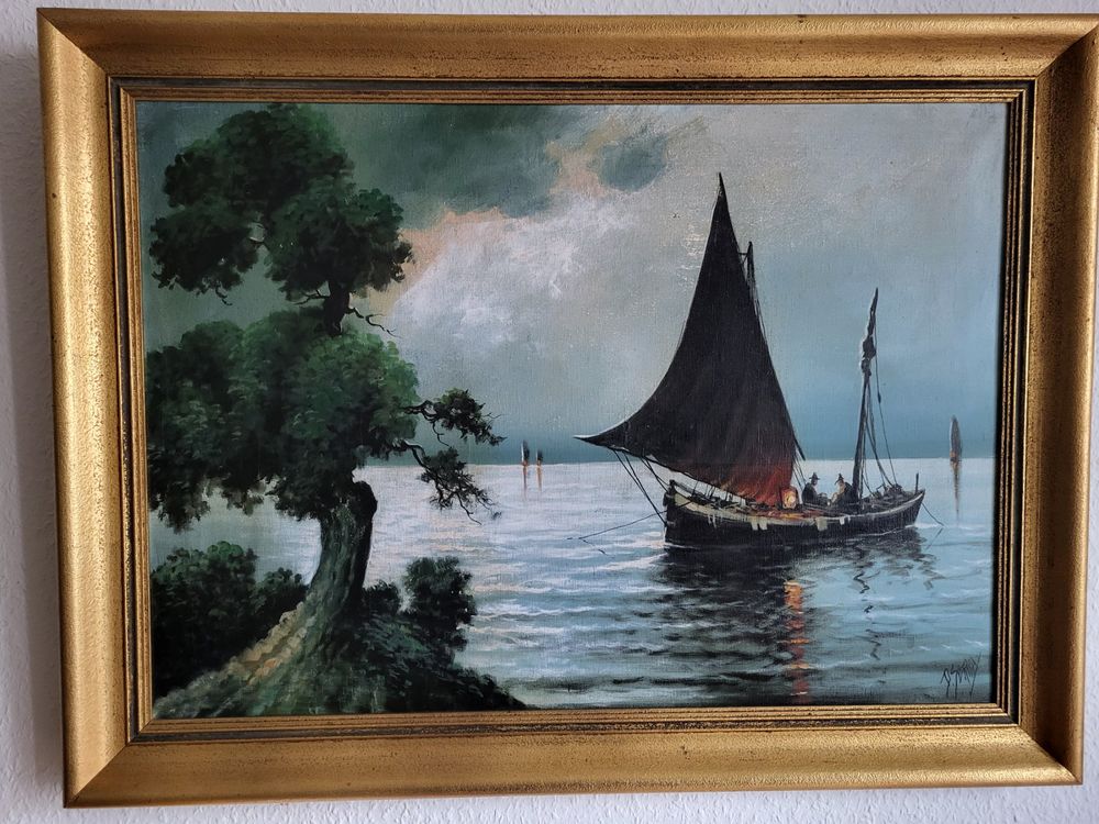 Abstraktes Ölgemälde „Drei Boote“ – Gerahmter Leinwanddruck, 30 X 20 Cm, 18 Mm Tiefe