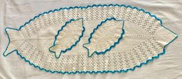 Häkel Tischdecke, Set 3-teilig Fisch Motiv, weiss+blau, neu