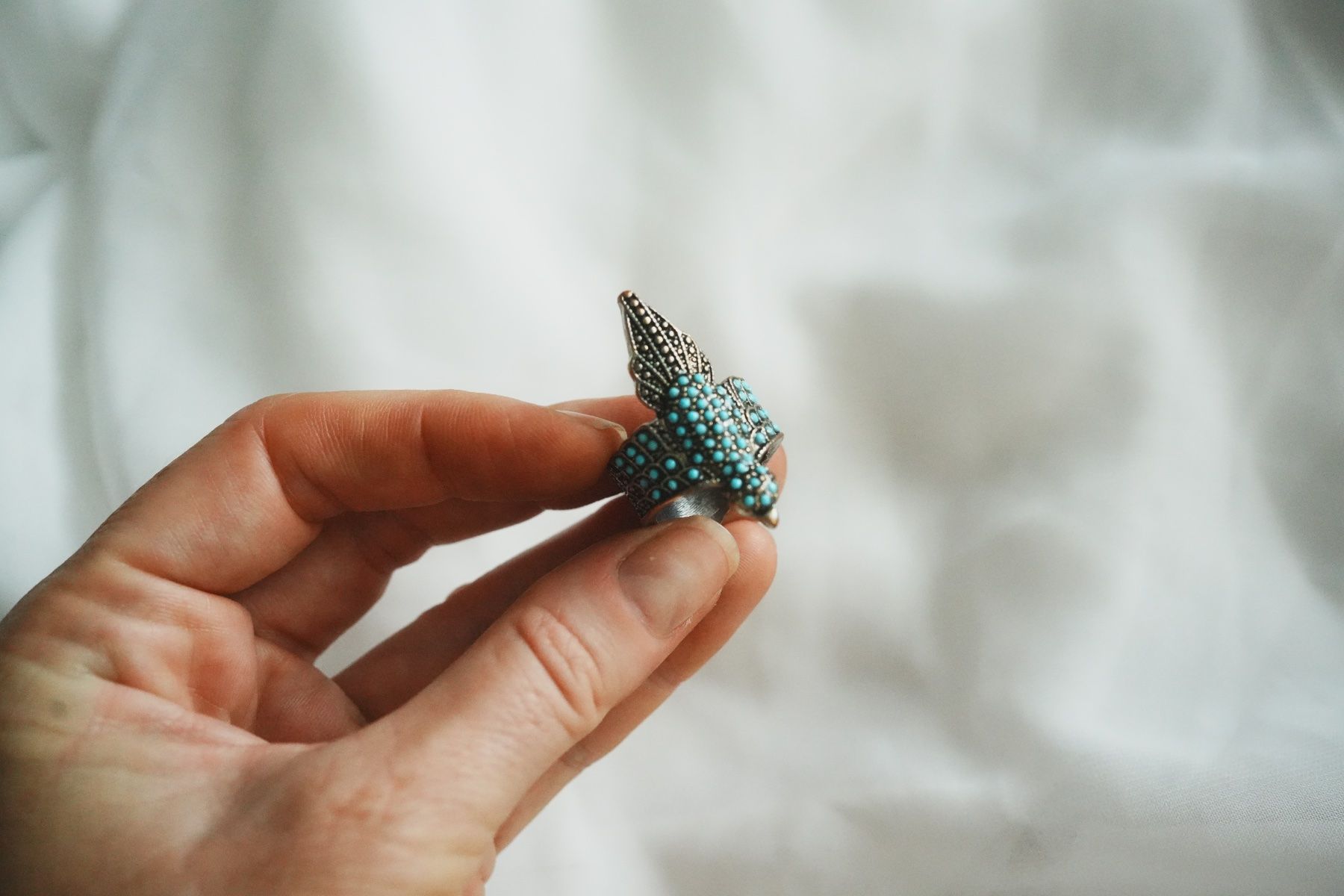 Ringe: Statement Ring Vogel Türkisoptik silberfarben Vintage – Gebraucht aus Volketswil von HeredisAntiques 4