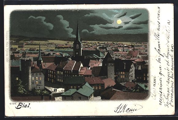 Cartoline postali: Mondschein-Lithographie Biel, Teilansich – Usato da Berlin venduto da bartko-reher