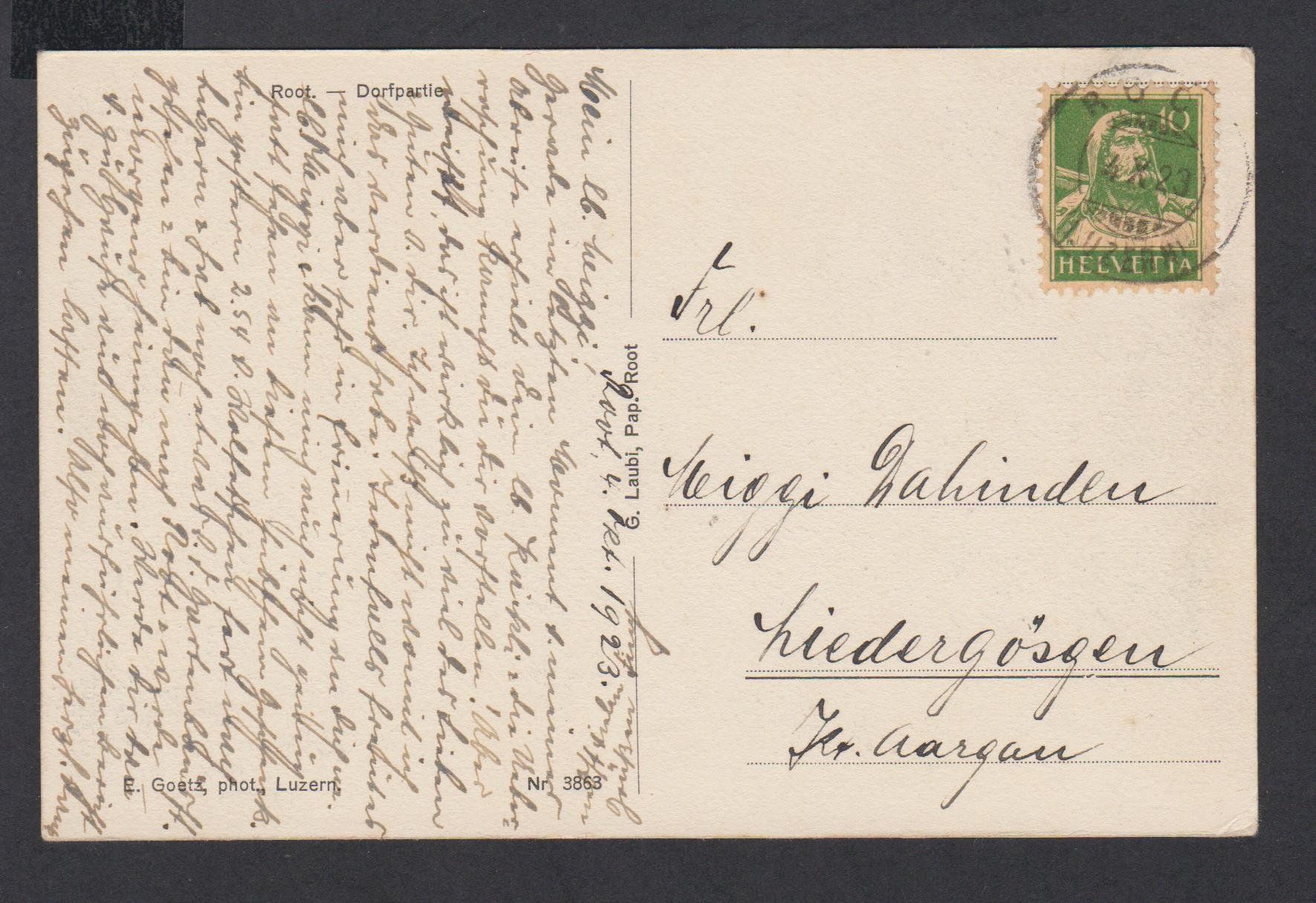 Ansichtskarten: Root   LU   :   alte Ansichtskarte von 1923 – Gebraucht aus Vitznau von Ropaku 1