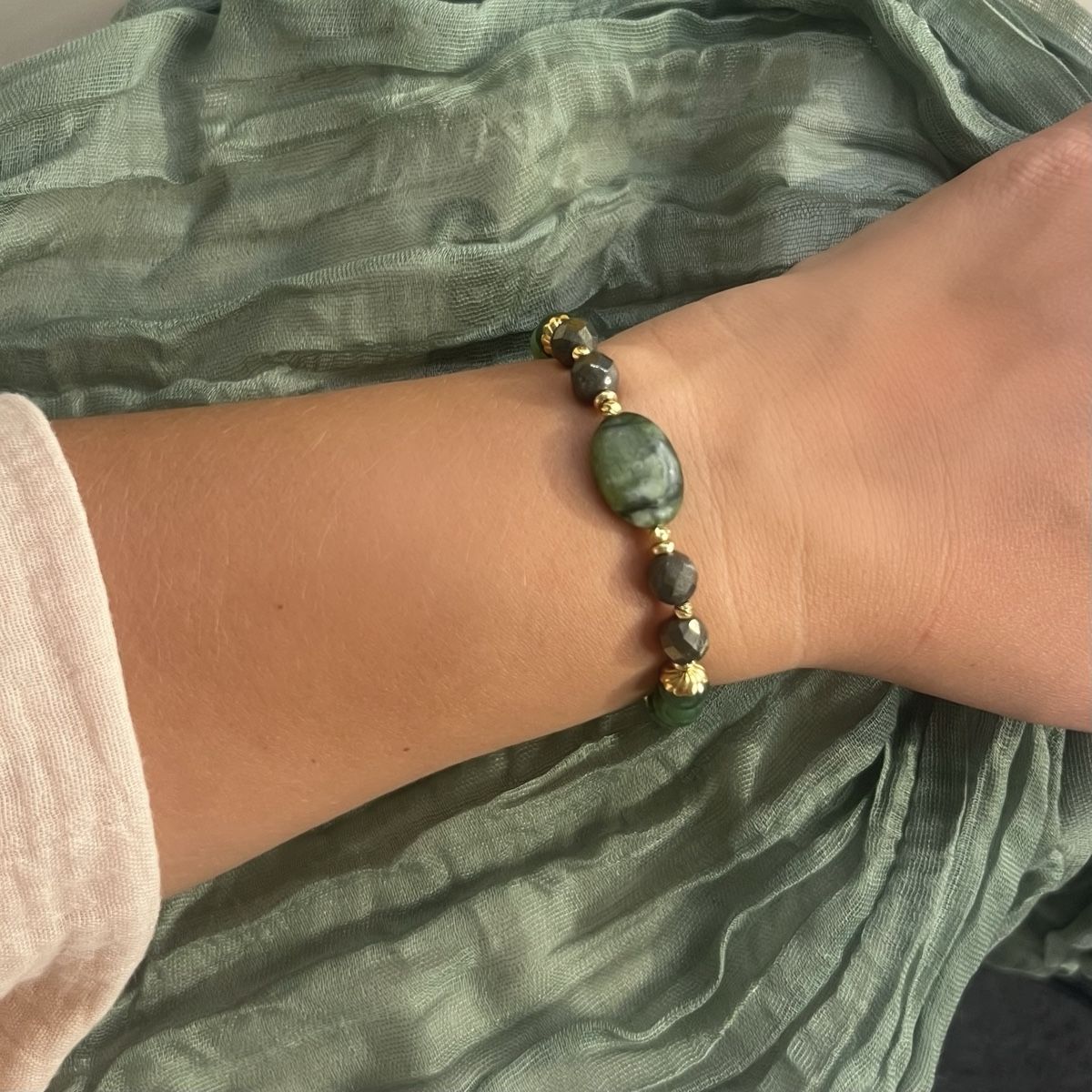 Bracciali & Braccialetti: Echtes Edelstein-Armband Jade & Pyrit – Prosperity – Nuovo e nell'imballaggio originale da Wattwil venduto da Sihana-Spirit 2