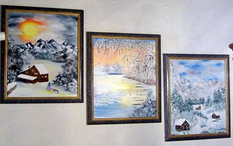 Gemälde: Winter Serie 3 Bildern  Gletscherblick Uferzone Alphütten – Neu und originalverpackt aus Eschenbach von Alicekunst