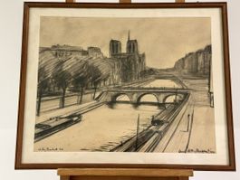 Paris quai des Augustins, fusain sign signé Willy Rochat 194