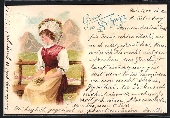 Ansichtskarten: Litho Dame in schweizer Tracht auf einer – Gebraucht aus Berlin von bartko-reher