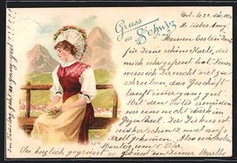 Litho Dame in schweizer Tracht auf einer
