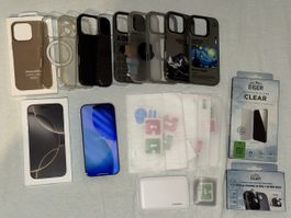 iPhone 16 Pro 256GB Natural Titanium mit Hülle und Zubehör