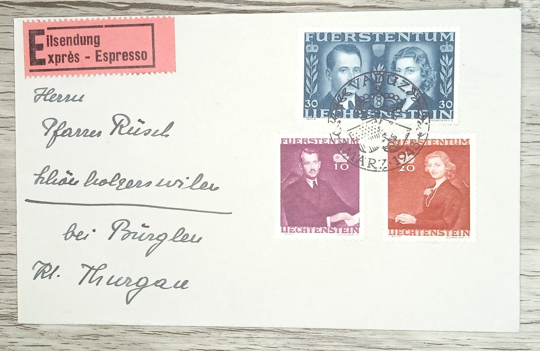 Tutti i francobolli: TR20 Enveloppe + Timbre Liechtenstein 1943 – Usato da Cousset venduto da Patrick_Collections