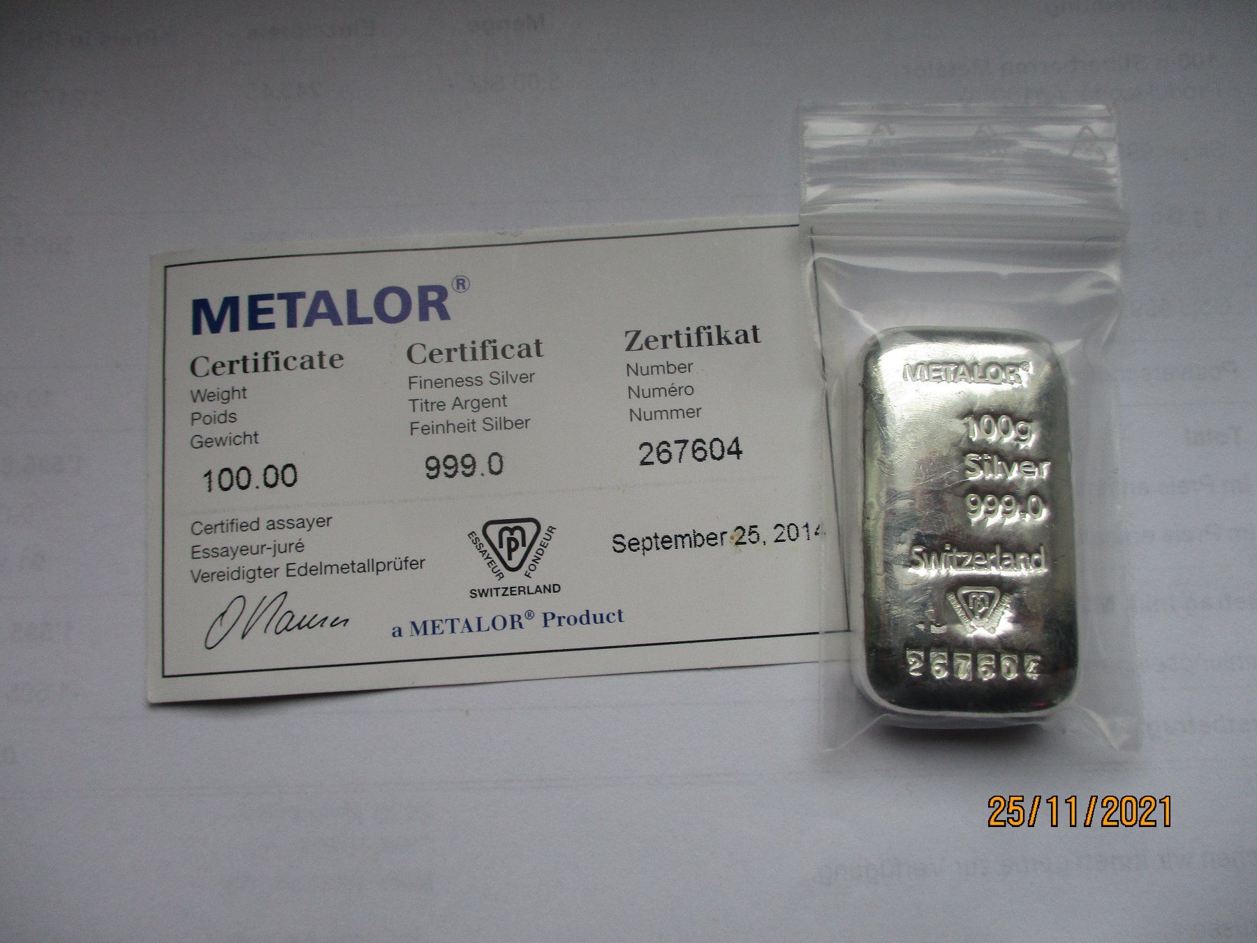 Metalli preziosi: 100gr. Silberbarren Nr. 267604 – Nuovo e nell'imballaggio originale da Liestal venduto da Disc-Point