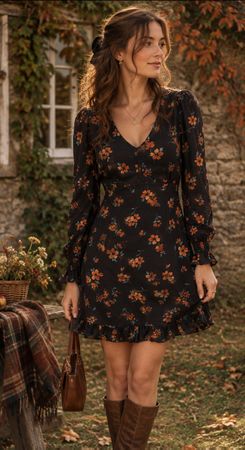 🍁 ✨ Herbstliches Kleid mit Blumenmuster Gr 34 aus Viskose