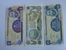 3 Banknoten Nicaragua 1, 10, 25 Centavos Cordoba Set, Neu