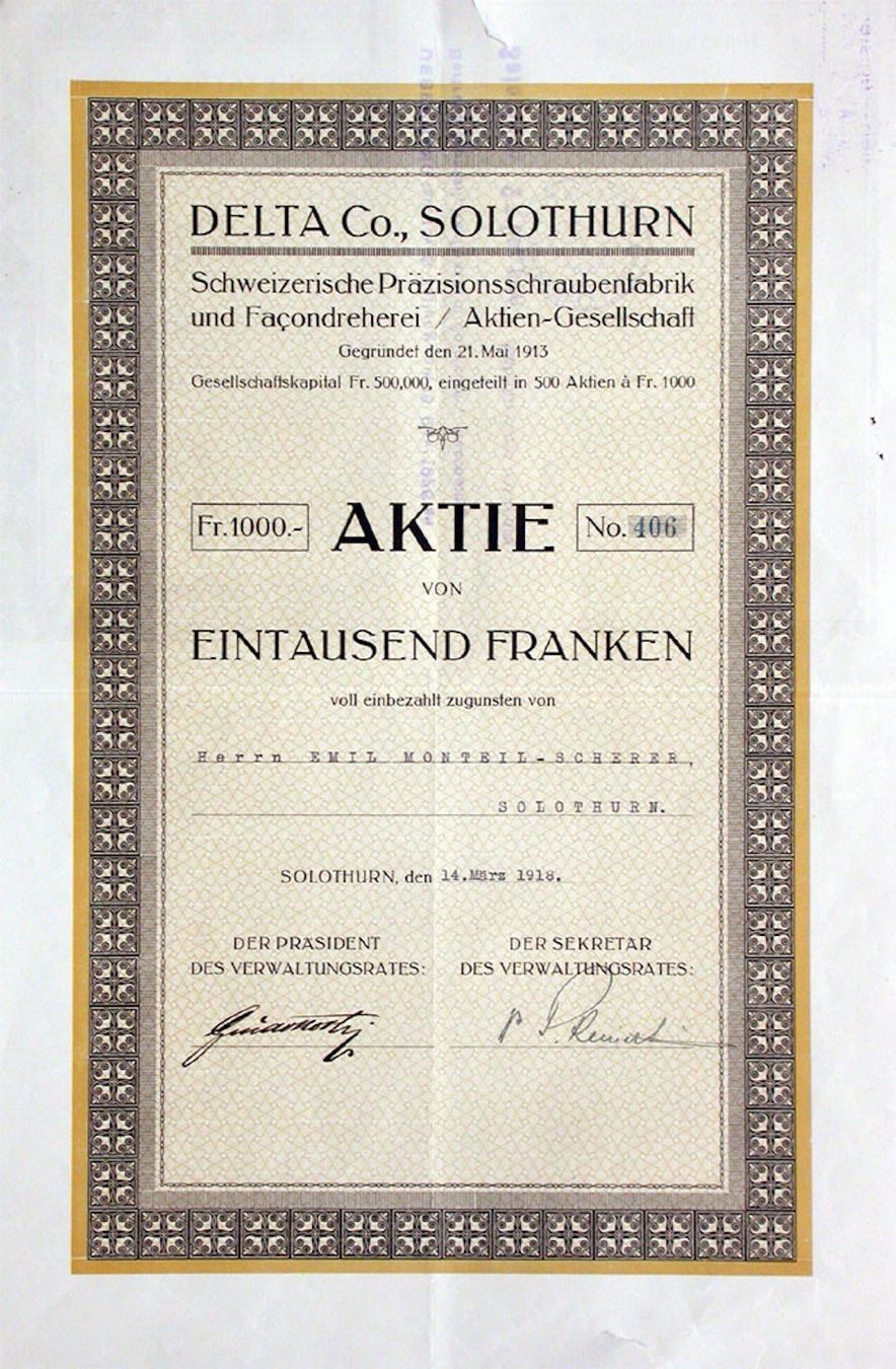 Dokumente: Delta Co., Solothurn - 1918 – Gebraucht aus Solothurn von Sgasche