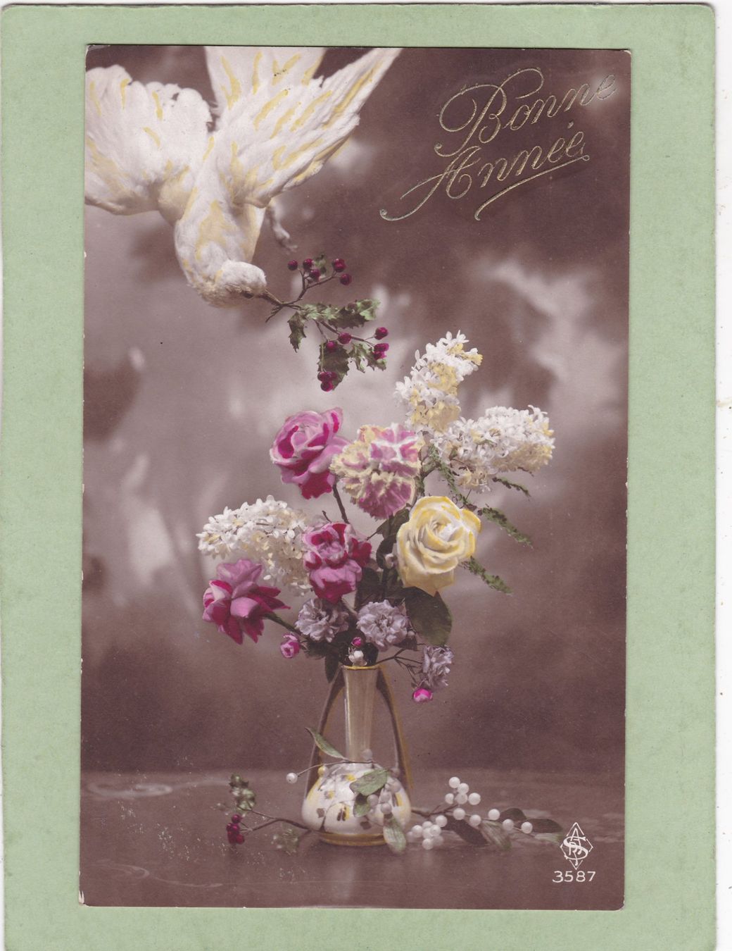 Cartoline postali: Kitsch Taube Blumen Bonne Année – Usato da Herisau venduto da Lisegrat2008