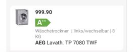 Wäschetrockner AEG Lavath. TP 7080 TWF 8 kg A++