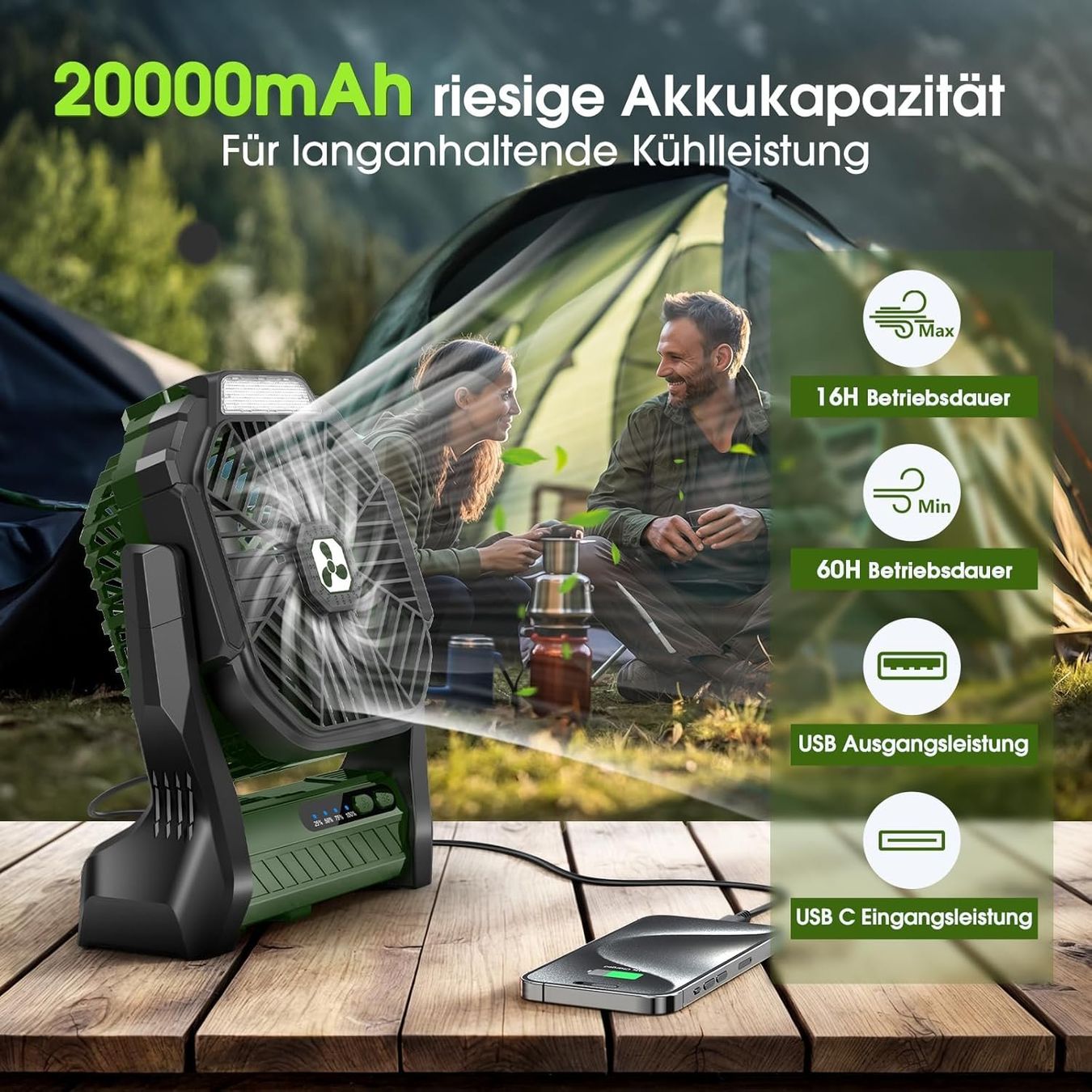Ventilatoren: Campingventilator 20000mAh Akku mit LED-Laterne – Neu und originalverpackt aus Dietikon von Abverkauf10 1