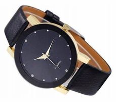 Damenuhr mit 12 Zirkonien, Schwarz - Gold