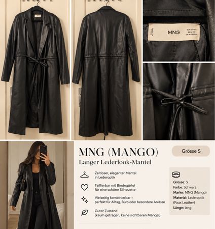 Mantel MNG Mango Lederoptik lang schwarz Grösse S