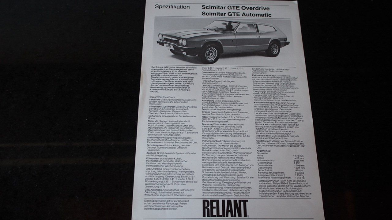 Reliant Documenti: Reliant Scimitar GTE Spez.blatt 1977 – Usato da Zofingen venduto da sosalinos01