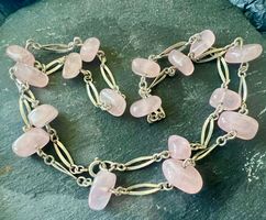 Vintage Silber Long Kette mit Rosenquarz Nuggets - 62cm