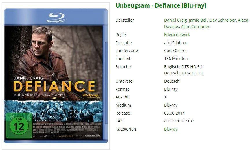 Alle DVDs: Unbeugsam - Defiance (Blu-ray) – Gebraucht aus Emmetten von SVollenweider