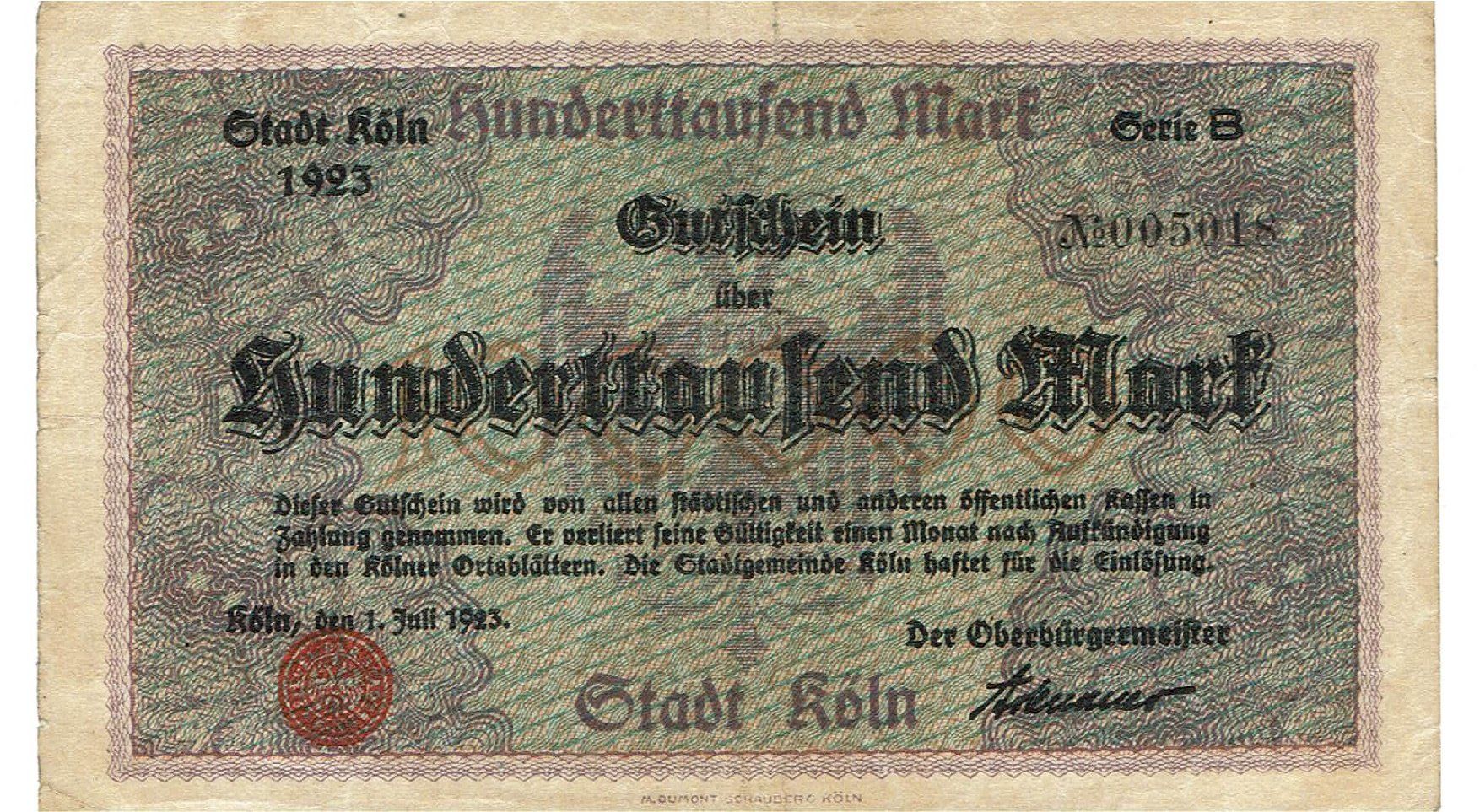 Banconote: Köln 100000 Mark 01.07.1923 SS++ – Usato da Steffisburg venduto da ber_8htf