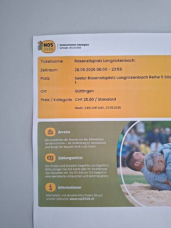 Biglietti: NOS 2026 Schwingfest 2 Rasensitzplätze – Nuovo e nell'imballaggio originale da Glattfelden venduto da Dealer71