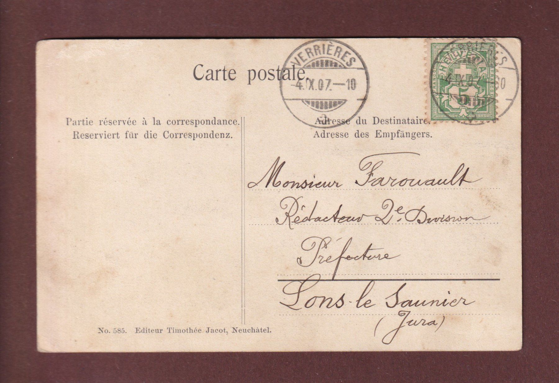 Cartes postales: LES VERRIERES-SUISSES - 1907 – D'occasion à Pully par nicecards 1