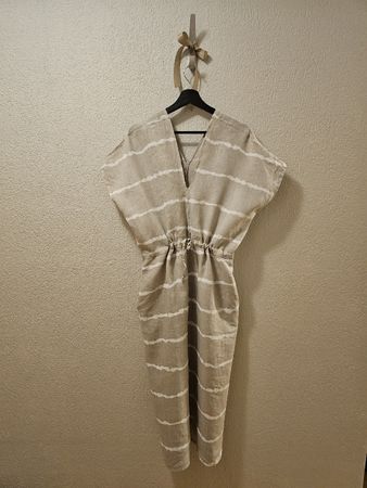 Sommerkleid aus Leinenmix – Beige mit weissen Streifen Gr.M