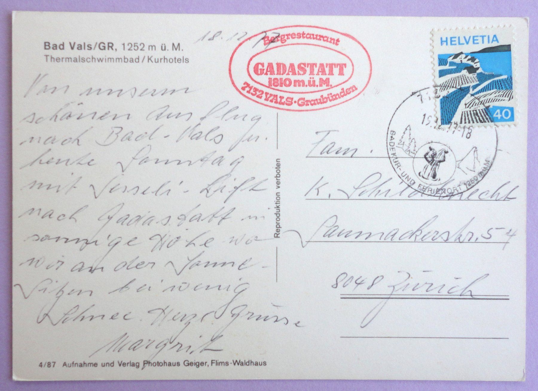 Cartoline postali: Bad Vals 1252 m ü.M. – Usato da Fétigny venduto da Billy2miny 1