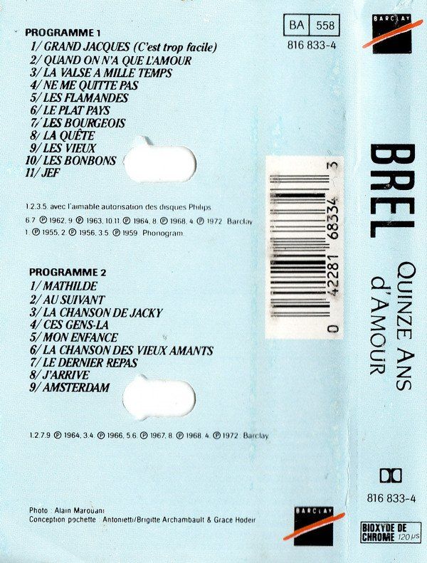 Kompaktkassetten: CASSETTE JACQUES BREL - CHANSONS - CASSETTE DOUBLE durée ! – Gebraucht aus PORRENTRTUY von RABAIS_SPORT 1