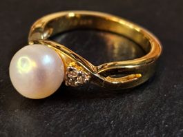 Ring 6 Diamanten Perle 925 Silber vergolde gr.17/53 Gelbgold