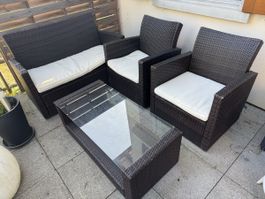 Polyrattan Gartenlounge 4-teilig mit Glastisch & Sitzkissen