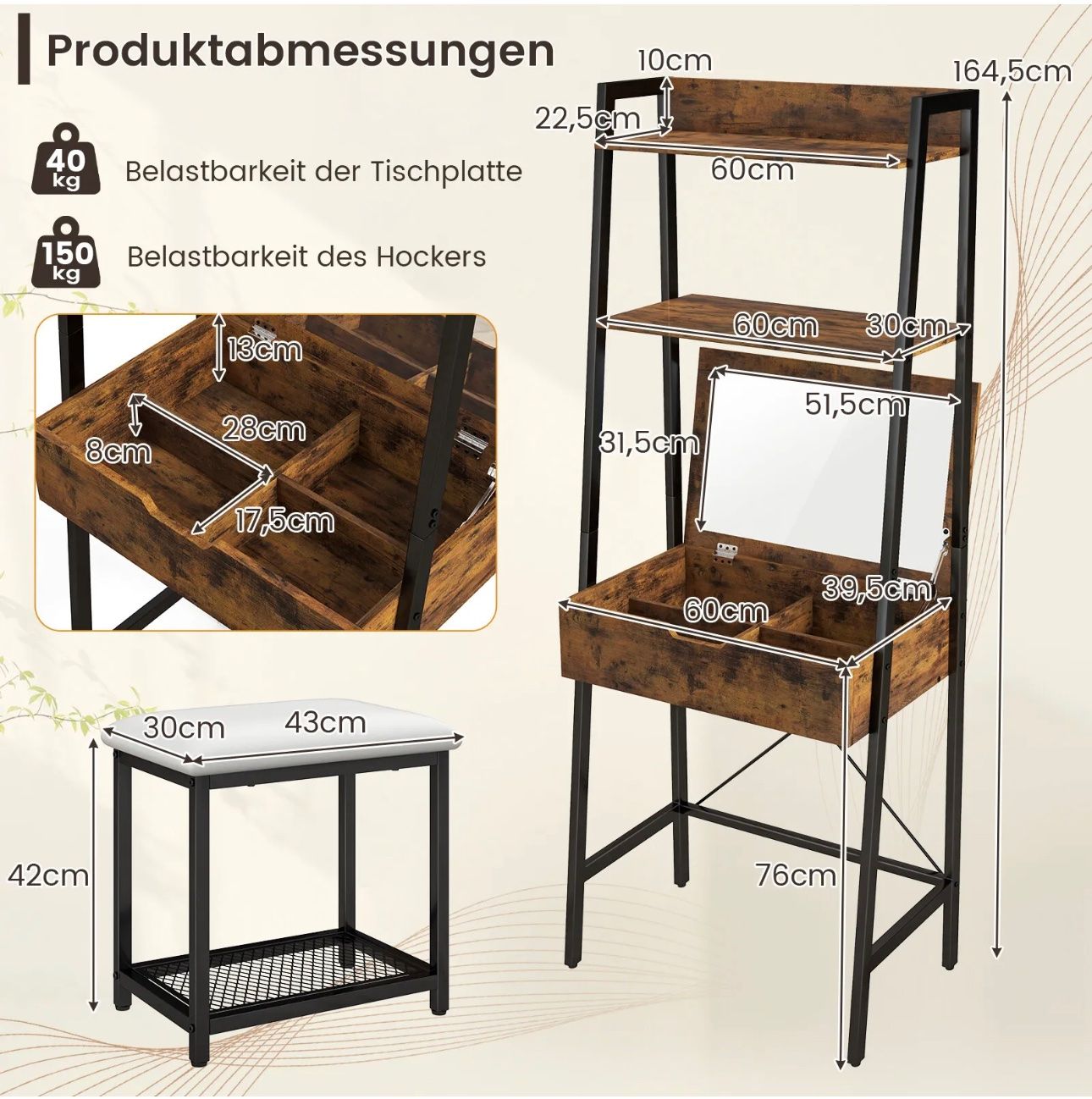 Tavoli da trucco: + 2 in 1 Schminktisch  Hocker Frisiertisch Kosmetiktisch m – Nuovo e nell'imballaggio originale da Amriswil venduto da JaJa-Express 5