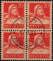 20 Rp. Tell - Viererblock mit Zentrumstempel BERN 17.IX.33