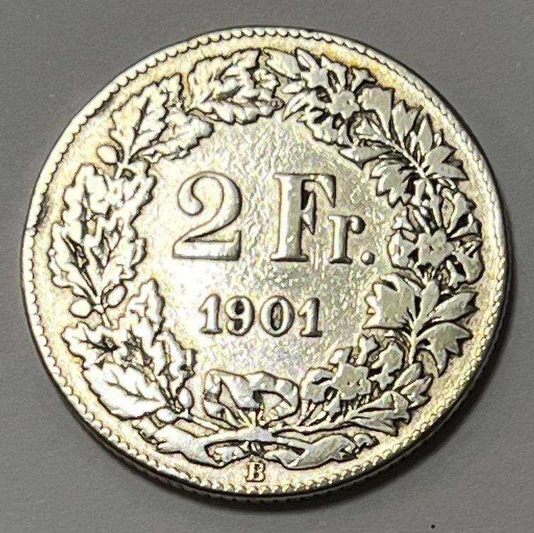 Tutti le monete: 2 Franken - stehende Helvetia - 1901 B – Usato da Dietikon venduto da Numis8953