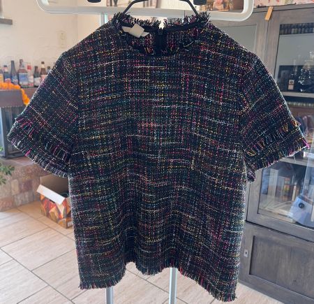 H&M Black Multi-Color Tweed Top, Fringe Trim, Size US 8