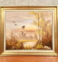 Original Vintage Oil Painting Mallard Ducks Autumn 
