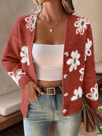 NEU Strickjacke - L - Blumenmuster / rotbraun