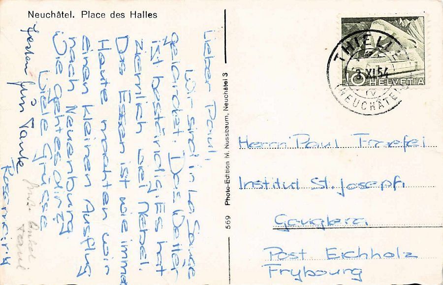 Cartoline postali: Neuchâtel, Place des Halles, circulée 1954 – Usato da Frauenfeld venduto da POML 1