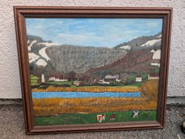 Ölgemälde Schweizer Landschaft mit Kühen Signiert R. Vuillou