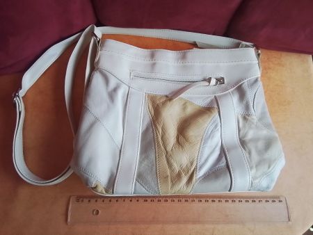 Schicke Ledertasche beige/weiss, Vintage Umhängetasche
