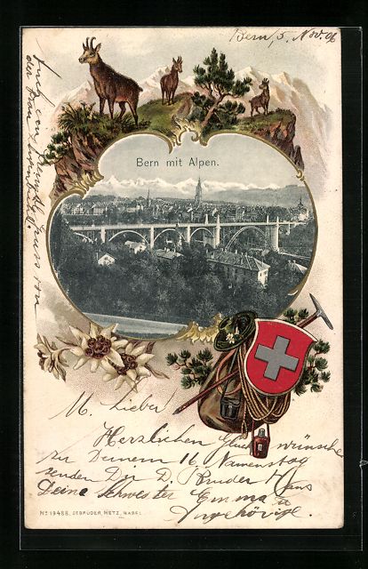 Ansichtskarten: Bern, Stadtansicht mit Alpen, Wappen und – Gebraucht aus Berlin von bartko-reher