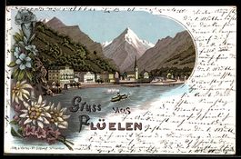 Lithographie Flüelen, Uferpartie mit Dampfschiff