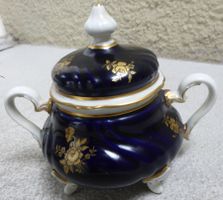 WEIMAR -PORZELLAN -DECKELKRUG;-14 x 12 CM,- ECHT-KOBALT,ALT