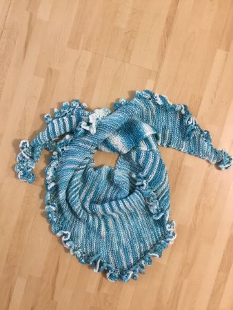 Dreiecktuch/Schal, handgestrickt Farbe Türkis/Weiss, neu