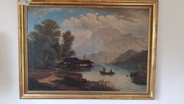 Grosses Gemälde Bergsee mit Boot – Goldrahmen