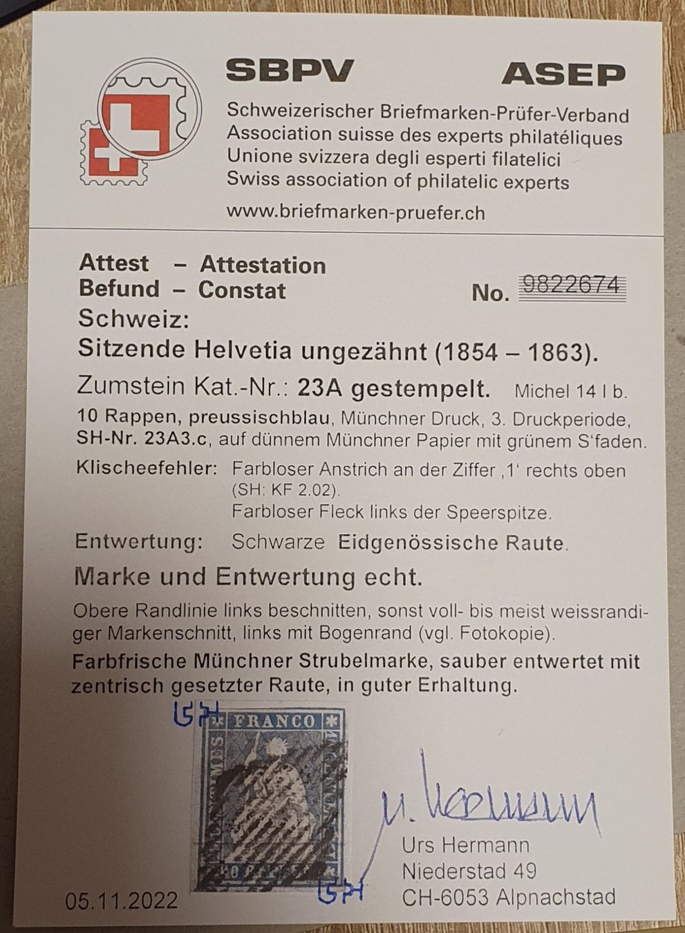 Tutti i francobolli: Strubel 23A3.c KF 2.02 mit Attest – Usato da Balgach venduto da SIMEON27 2