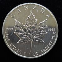 1 Unze Silber Kanada Maple Leaf 5$, 999/1000 Silber, 1990