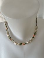 Collier perles nacrées corail et jade fermoir métal vintage