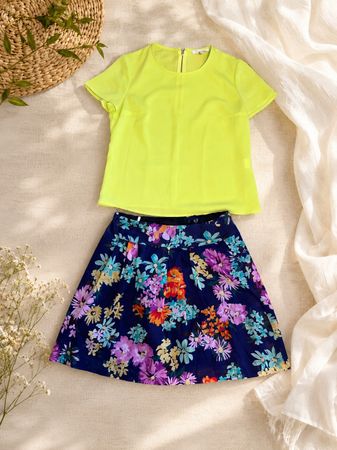 Sommer-Outfit: Leuchtend gelbes Top & geblümter Rock Gr. 36